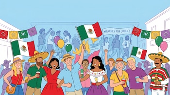 Grupo de personas sonrientes en una fiesta callejera con banderas de México, sombreros y globos; al fondo, un mural con figuras y el texto 'MARCHES FOR JUSTICE'.