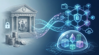 Dibujo de un banco con bóveda y monedas, unido a una red blockchain, iconos de seguridad, cartera y símbolos de criptomonedas bajo un domo, con "2026" visible.