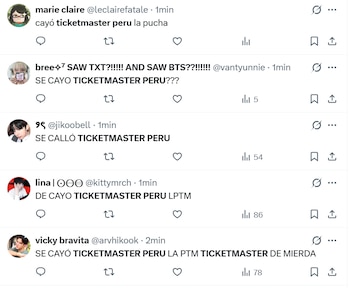Captura de pantalla de múltiples tuits en español mostrando a usuarios quejándose de la caída de Ticketmaster Perú. Los perfiles y avatares son visibles