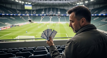 Hombre de mediana edad con barba sentado en las gradas superiores de un estadio moderno, sosteniendo cuatro boletos de fútbol, con el campo verde al fondo.
