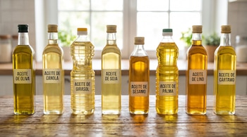 Ocho botellas con etiquetas de distintos aceites vegetales ordenadas en fila sobre una mesa de madera frente a una ventana.