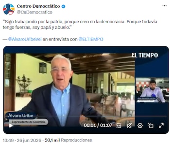 El expresidente Álvaro Uribe Vélez defendió su compromiso con Colombia y la democracia - crédito @CeDemocratico/X