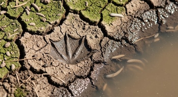 Tierra seca agrietada con vegetación, una huella de ornitorrinco en barro y una charca de agua con partículas de invertebrados.