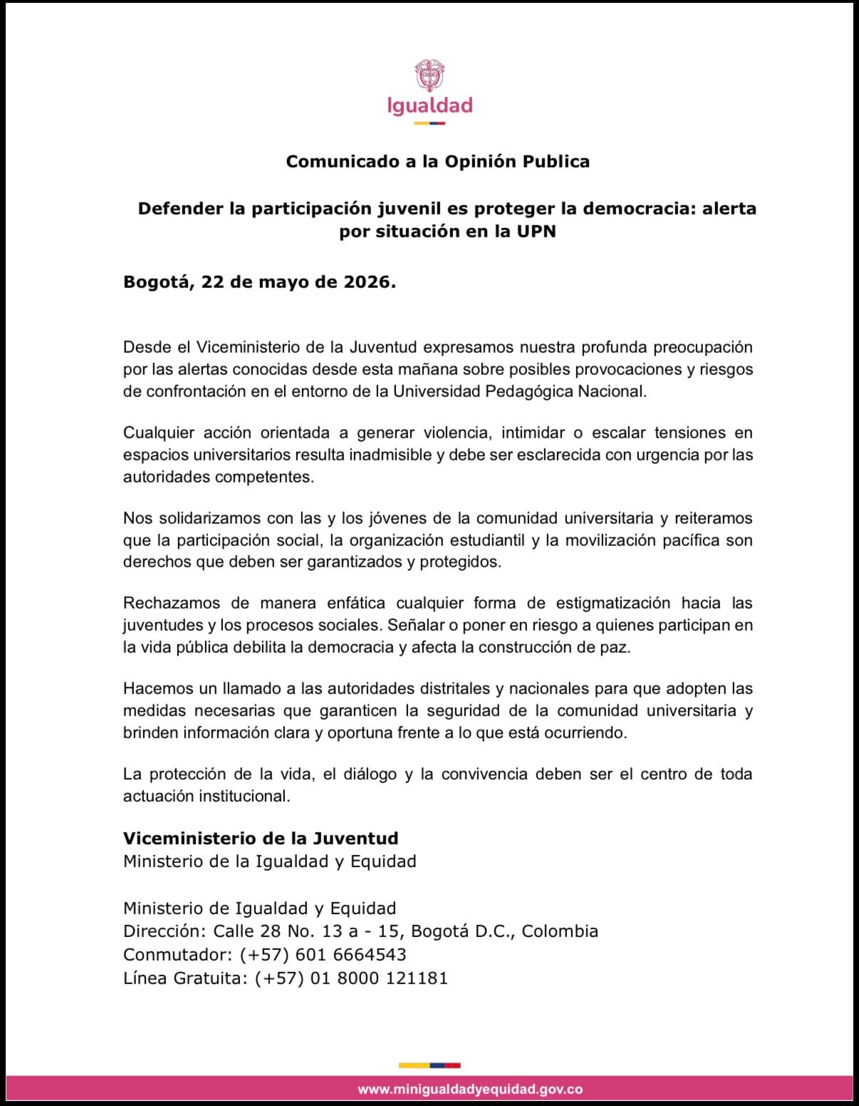 Comunicado del Viceministerio de la Juventud sobre la situación en la UPN. - crédito @MinIgualdad_Col/X