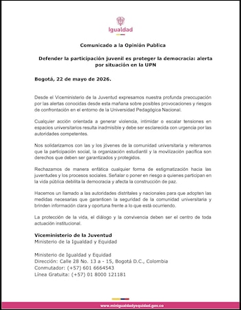 Comunicado del Viceministerio de la Juventud sobre la situación en la UPN. - crédito @MinIgualdad_Col/X