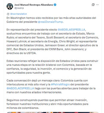 Estas fueron las reuniones de Restrepo con funcionarios del Gobierno de Estados Unidos - crédito @jmrestp/X