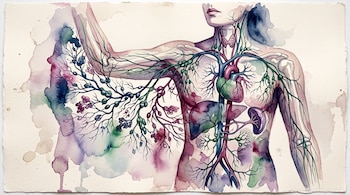 Ilustración en acuarela de un torso humano que expone vasos linfáticos, corazón, hígado y bazo con trazados de tinta sobre papel.