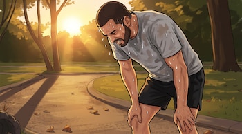 Ilustración de un hombre sudoroso con camiseta gris e inclinado con las manos en las rodillas sobre un camino en un parque con árboles.