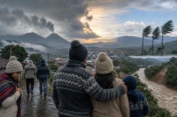 Personas con gorros y suéteres observan un paisaje con un volcán emitiendo humo, un río crecido, lluvia y árboles inclinados por el viento.