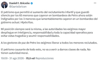 Daniel Briceño cuestionó al petrismo por las críticas tras la muerte de tres menores en un bombardeo - crédito @Danielbricen/X