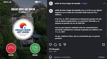 Captura de pantalla de una publicación digital con la simulación de una llamada entrante, botones de respuesta y texto sobre un sorteo