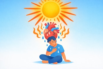 Ilustración de una persona sentada con fatiga, la mano en el pecho, bajo un sol intenso que emite calor. Un corazón anatómico estilizado suda profusamente.