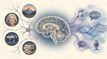 Cerebro humano central. Izquierda: neurona, círculos con rostro de mujer, montañas, cámara, libros. Derecha: ondas, nota musical, burbujas de diálogo con sonido, micrófono.