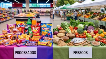 Dos mesas muestran la diferencia: a la izquierda, alimentos ultraprocesados frente a un supermercado; a la derecha, frescos frente a un mercado.