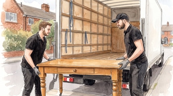 Ilustración en acuarela de dos hombres con uniforme negro subiendo una mesa de madera a un camión de transporte.