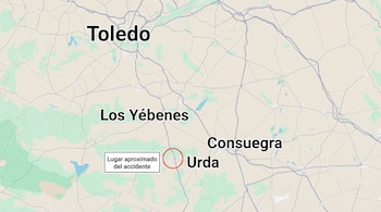 Mapa con las localidades de Toledo, Los Yébenes, Consuegra y Urda, un círculo rojo y un cartel que indica Lugar aproximado del accidente.