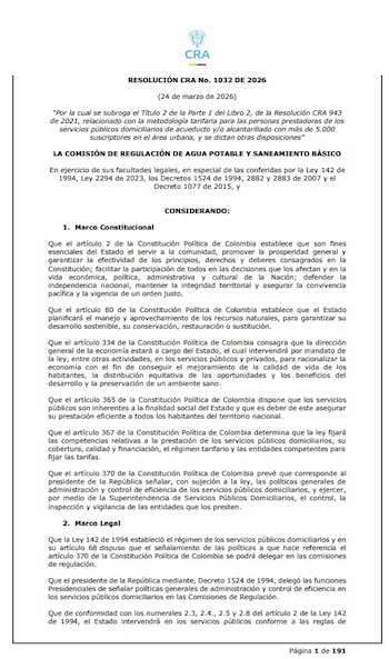 La Resolución 1032 de la CRA establece una nueva metodología tarifaria para las personas prestadoras de los servicios públicos domiciliarios de acueducto - crédito CRA