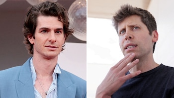 Andrew Garfield a la izquierda viste un saco azul y Sam Altman a la derecha posa con una mano apoyada en el mentón