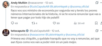 Captura de pantalla con dos mensajes publicados en la red social X entre el usuario Andy Muñón y la cuenta verificada de Luis Caputo
