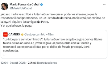 María Fernanda Cabal cuestionó a Juliana Guerrero y recordó que “nadie está por encima de la ley” - crédito @MariaFdaCabal/X