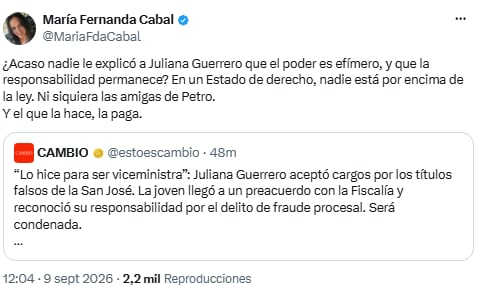 María Fernanda Cabal cuestionó a Juliana Guerrero y recordó que “nadie está por encima de la ley” - crédito @MariaFdaCabal/X