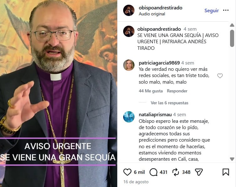 Tirado armó un debate en redes sociales luego de publicar el video, en el que contó detalles de la visión que tuvo - crédito @obispoandrestirado/IG