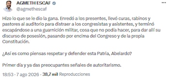 Agmeth Escaf cuestionó señales de autoritarismo en el inicio del mandato de Abelardo de la Espriella - crédito @agmethescaf/X