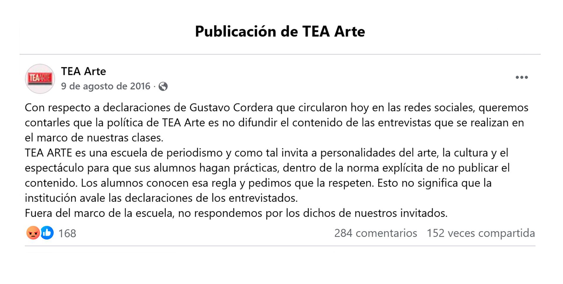 La respuesta de TEA Arte ante los dichos de Cordera