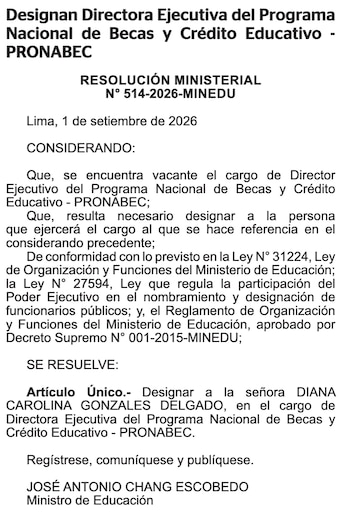 Texto oficial de una resolución ministerial del Ministerio de Educación de Perú sobre el nombramiento en el programa PRONABEC