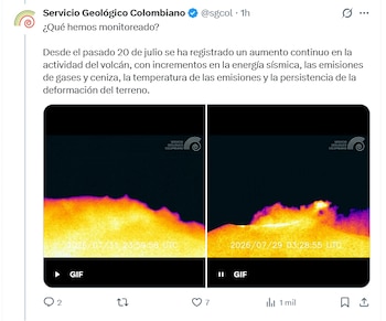 Los boletines saldrán cada día mientras continúe ese nivel, tras cambios en sismicidad, deformación del terreno y presencia de ceniza en una cadena volcánica clave del Cauca - crédito SGC/X