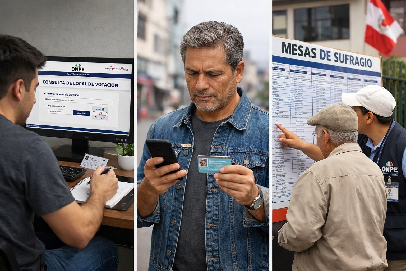 Ciudadanos de diferentes edades consultan su local de votación a través de plataformas digitales de la ONPE y señalizaciones en colegios electorales, preparándose para las elecciones peruanas. (Imagen Ilustrativa Infobae)