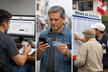 Imagen dividida en tres paneles: joven en computadora, hombre con móvil y DNI, y anciano asistido por personal de ONPE junto a cartel de mesas de sufragio.