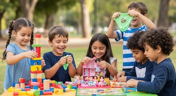 Cinco niños juegan en una mesa al aire libre; hay bloques de construcción, slime, una casa de muñecas, muñecas y juegos de mesa.