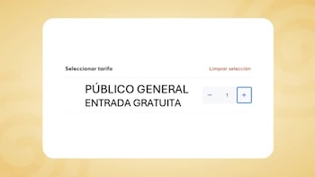 Interfaz web con las opciones seleccionar tarifa, público general, entrada gratuita y un contador numérico con el valor uno