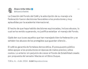 Álvaro Uribe manifestó que no se justifica estatizar el Fondo de Estabilización de Precio del Café - crédito captura de pantalla