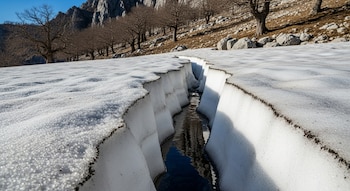 Primer plano de una grieta profunda en un manto de nieve, con agua fluyendo en el interior. Al fondo se ven rocas, árboles secos y una montaña.
