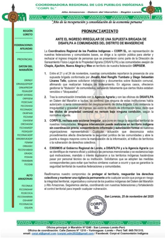 Pronunciamiento AIDESEP. Foto: AIDESEP