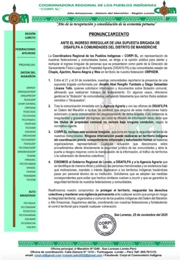 Pronunciamiento AIDESEP. Foto: AIDESEP