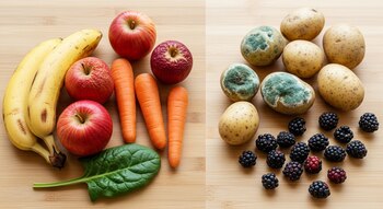 Alimentos en una tabla de madera. Izquierda: plátanos maduros, manzanas arrugadas, zanahorias blandas, espinaca. Derecha: papas con moho verde y moras dañadas.