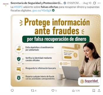 Infografía de la Secretaría de Seguridad de México que muestra pasos para protegerse de fraudes. Una mujer trabaja en una laptop