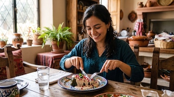Una mujer sentada ante una mesa de madera corta un chile en nogada servido en un plato de talavera con tenedor y cuchillo.