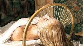 Ilustración en acuarela de una persona acostada mientras un arco dorado vierte finos hilos de agua sobre su frente y cabello.