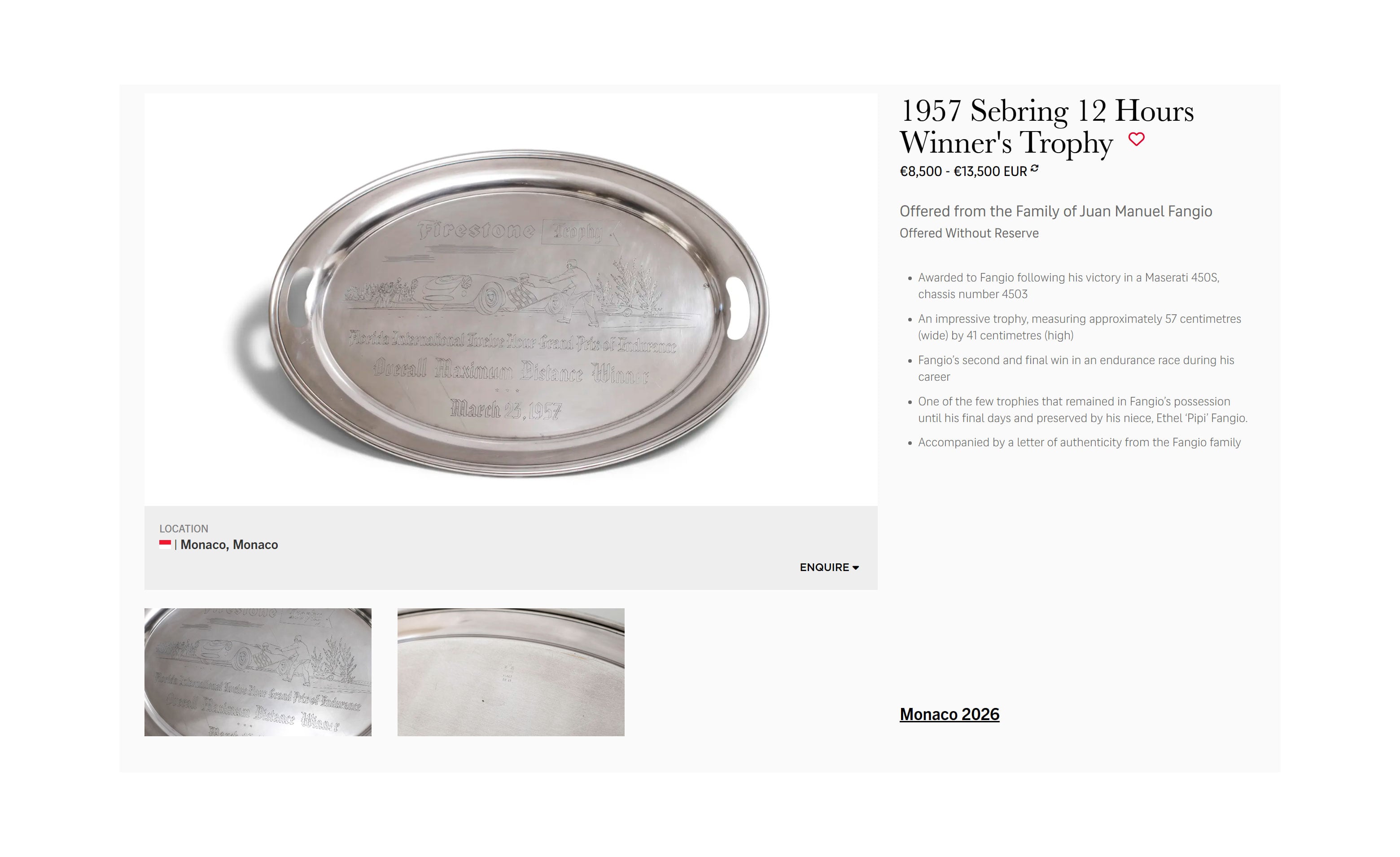 Una plaqueta por el triunfo en las 12 Horas de Sebring de 1957