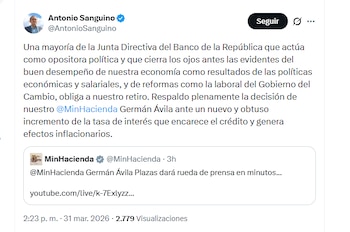 El ministro Antonio Sanguino señaló a la Junta Directiva del Banco de la República de actuar como opositora del Gobierno - crédito @AntonioSanguino/X