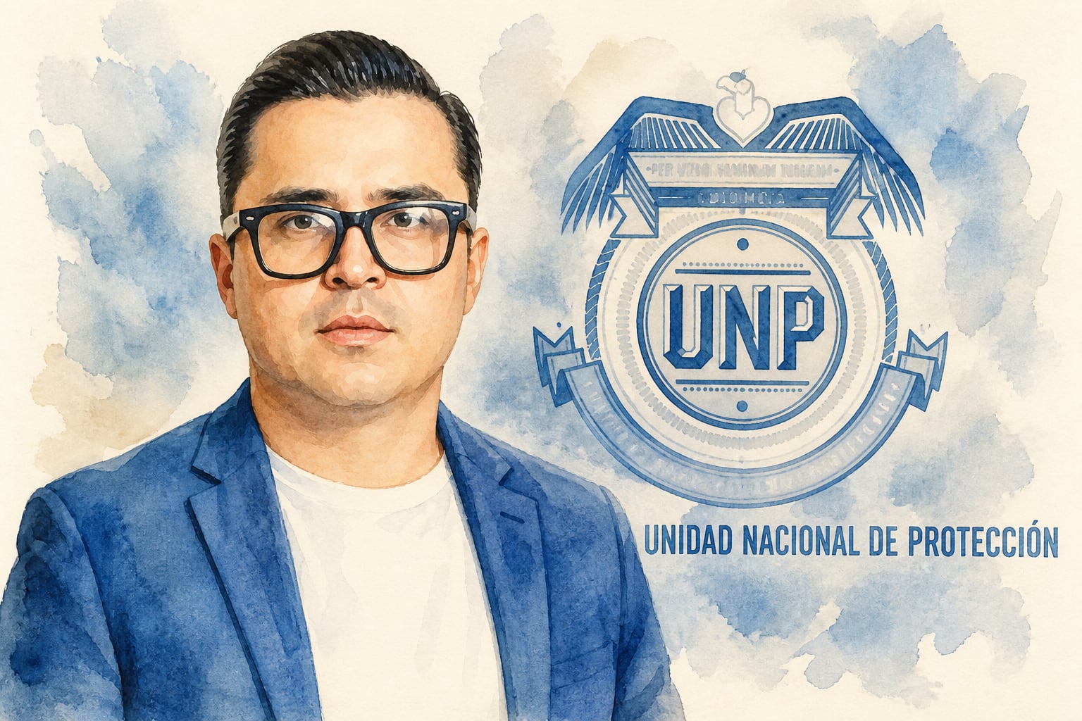 Ilustración de Beto Coral junto al emblema de la Unidad Nacional de Protección (UNP) - crédito (Imagen Ilustrativa Infobae)