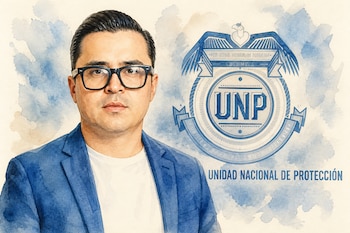 Ilustración de Beto Coral junto al emblema de la Unidad Nacional de Protección (UNP) - crédito