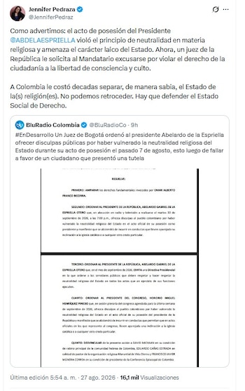 La senadora se refirió al fallo en contra del presidente De la Espriella la mañana del jueves 27 de agosto de 2026 vía X - crédito @JenniferPedraz/X