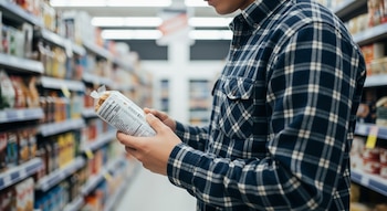 Una persona sostiene un paquete de galletas y revisa la etiqueta de ingredientes en un pasillo de supermercado con estantes a los lados.