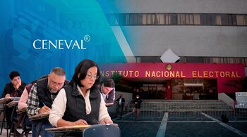 Múltiples personas sentadas en pupitres escriben un examen, con el logo de CENEVAL superpuesto y el edificio rojo del Instituto Nacional Electoral al fondo.