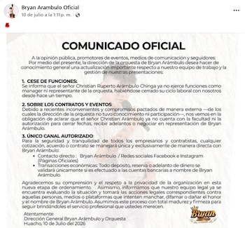 Publicación de Facebook con un comunicado oficial de Bryan Arámbulo sobre el cese de funciones de Christian Arámbulo como mánager de la orquesta